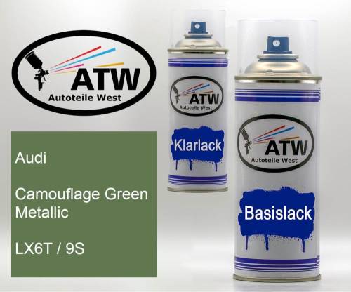 Audi, Camouflage Green Metallic, LX6T / 9S: 400ml Sprühdose + 400ml Klarlack - Set, von ATW Autoteile West.